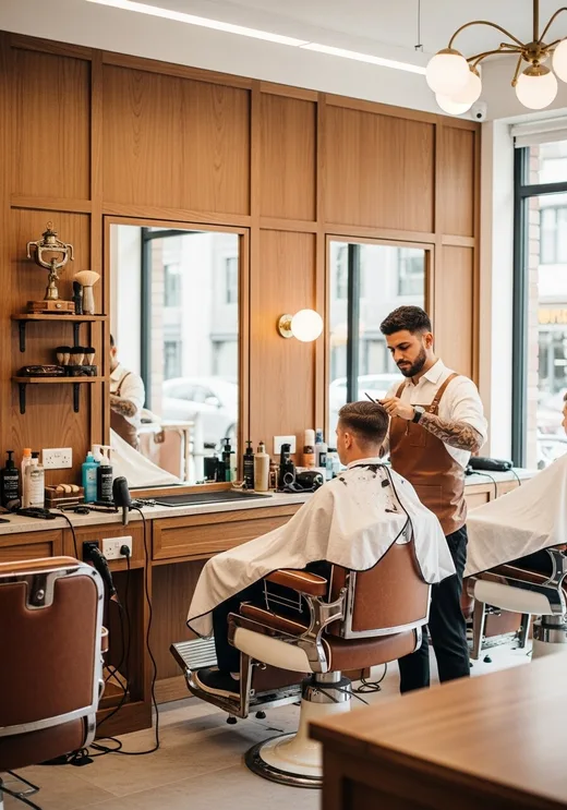 Barbero corta el pelo a un cliente sentado en una barbería cálida de madera