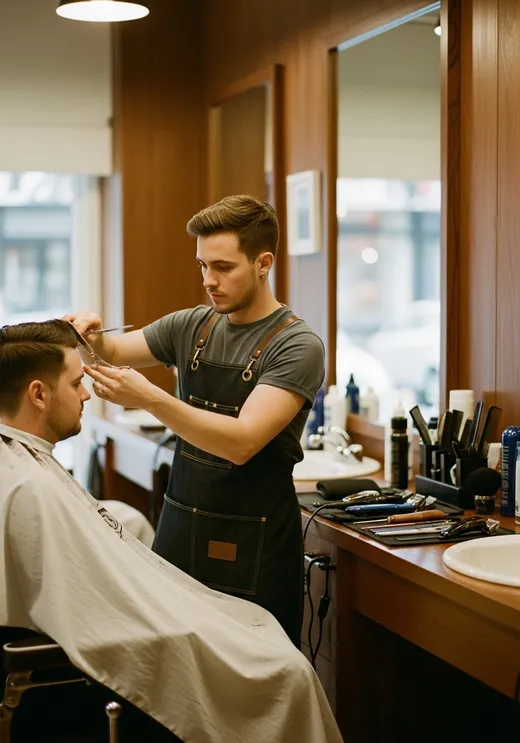 Barbero corta el pelo a un cliente sentado en una barbería cálida de madera