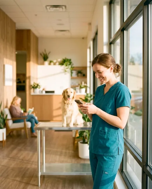 Veterinaria mirando su teléfono junto a un golden retriever en una clínica veterinaria luminosa