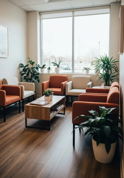 Sala de espera de un consultorio médico, cálida y luminosa, con plantas y sillones cómodos