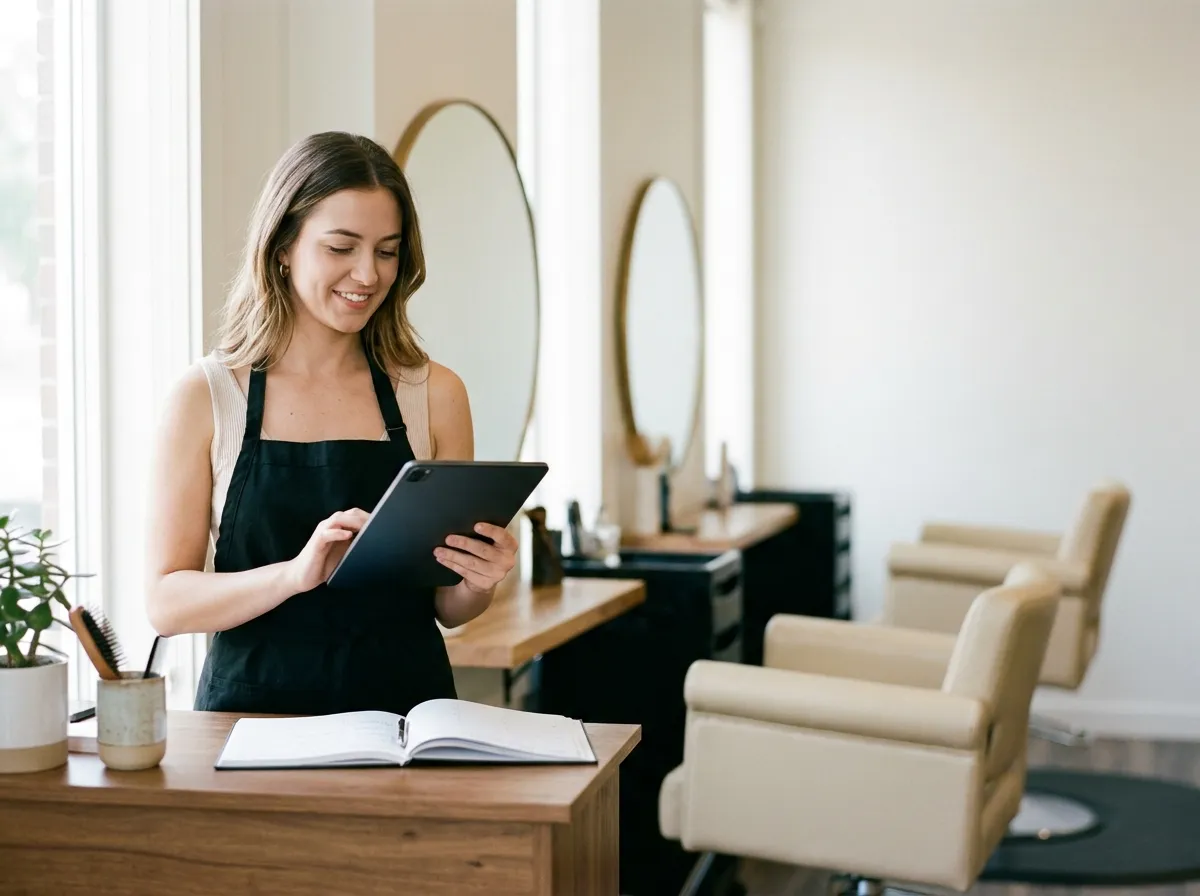 Estilista con una tablet en el mostrador de recepción del salón, revisando la agenda de citas