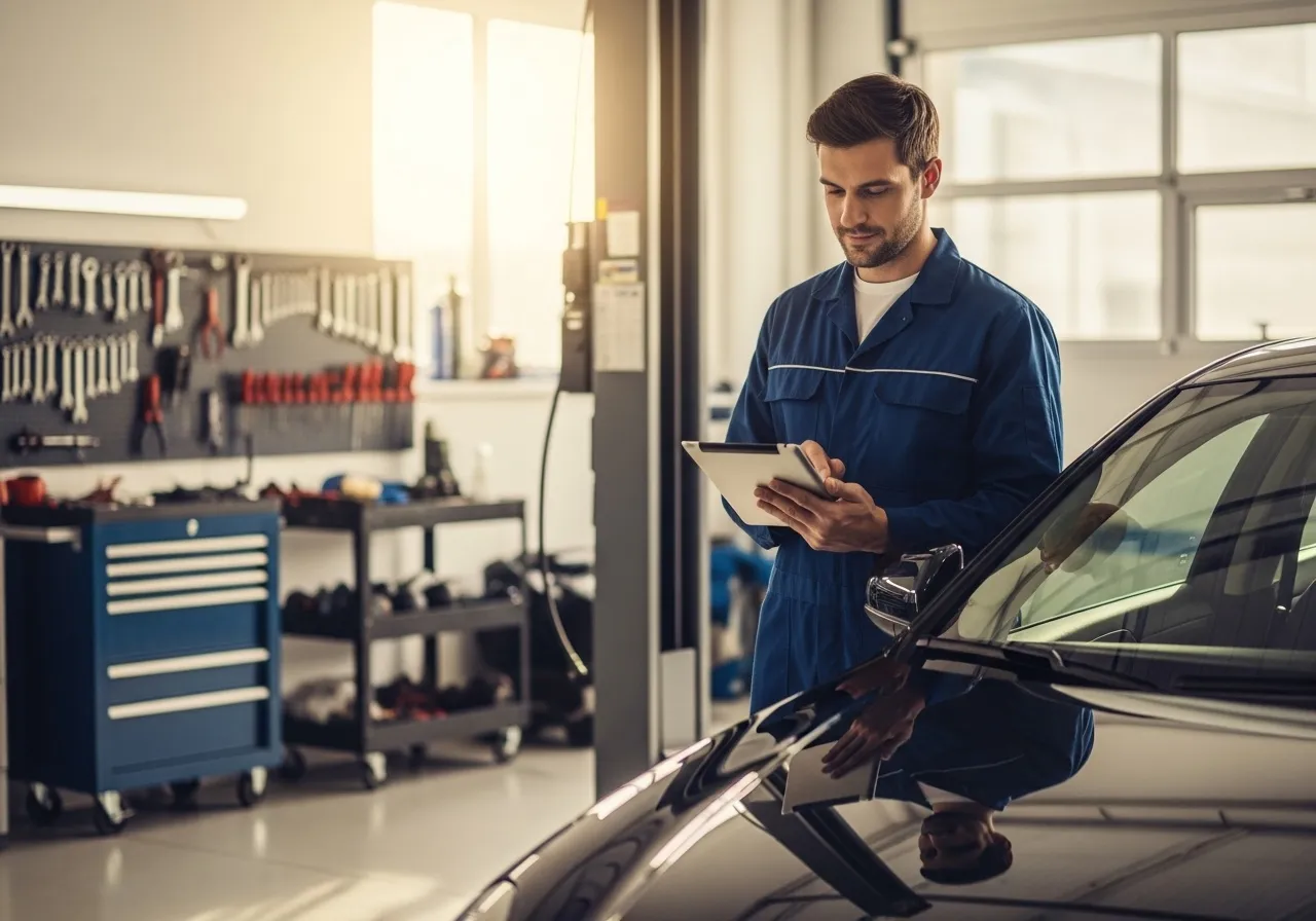Mecánico con una tablet junto a un coche en un taller