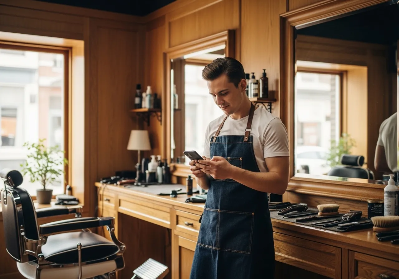 Barbero mirando su teléfono en una barbería cálida de madera