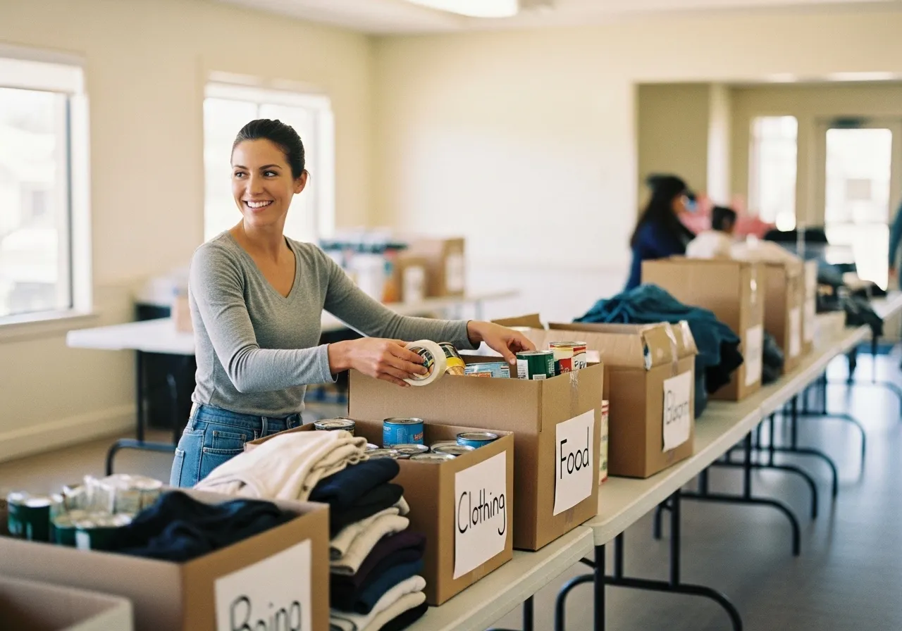Voluntaria organizando cajas de donaciones sobre una mesa en un centro comunitario
