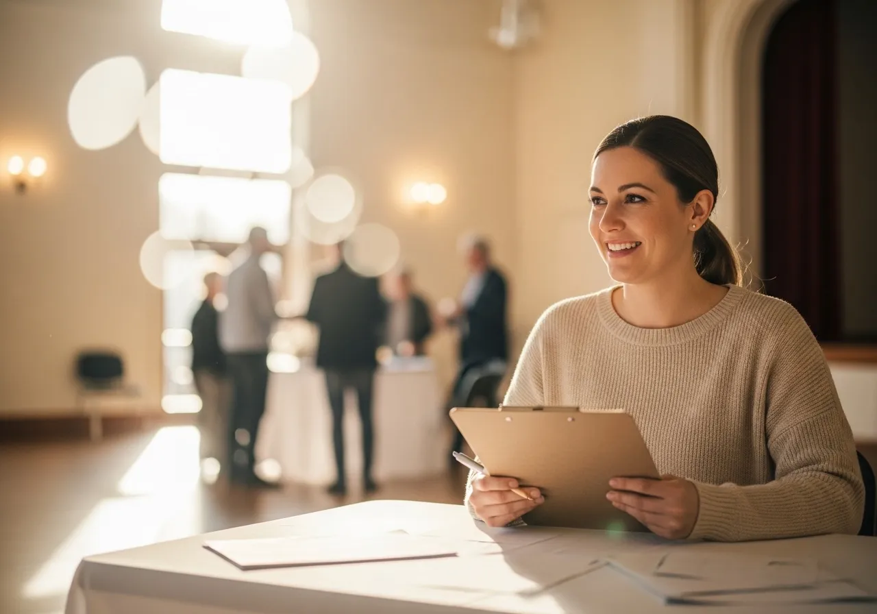 Mujer sonriendo con una planilla en una mesa de recepción, con gente conversando de fondo