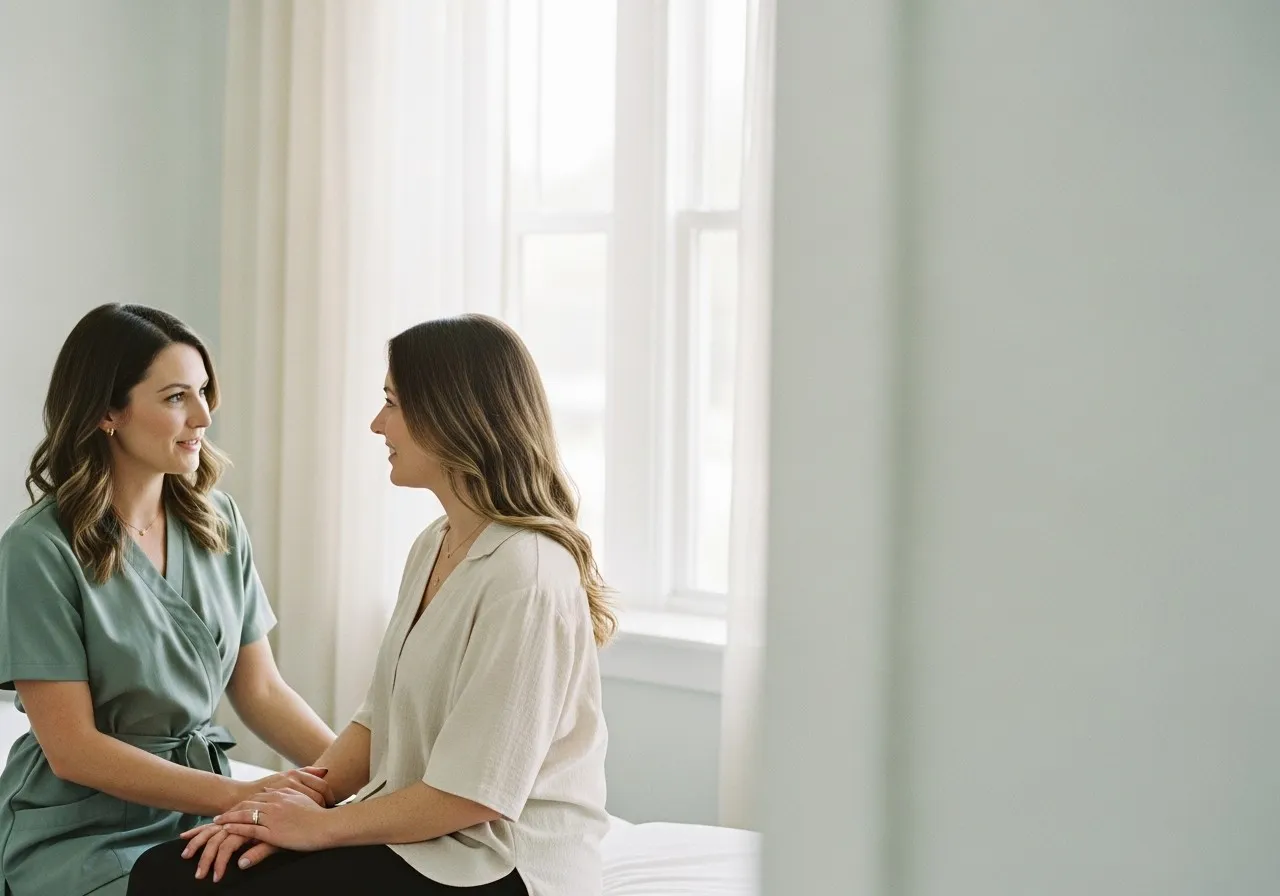 Esteticista conversando con una clienta durante una consulta en la sala de tratamiento