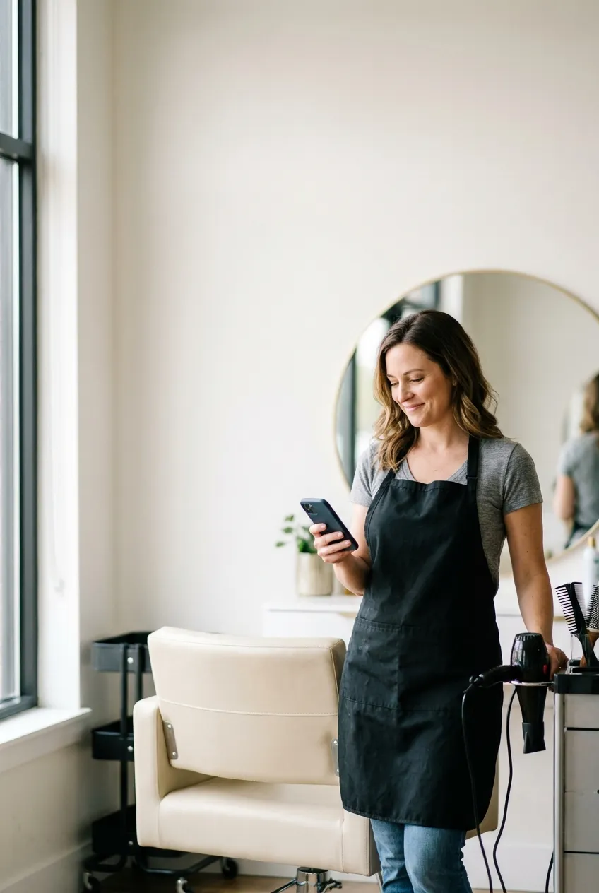 Estilista sonriendo mientras mira su teléfono para responder una consulta de precio en el salón