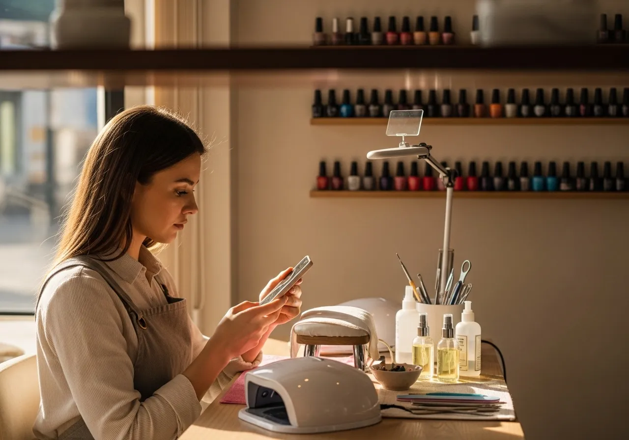Manicurista mirando su teléfono en su estación de un salón de uñas