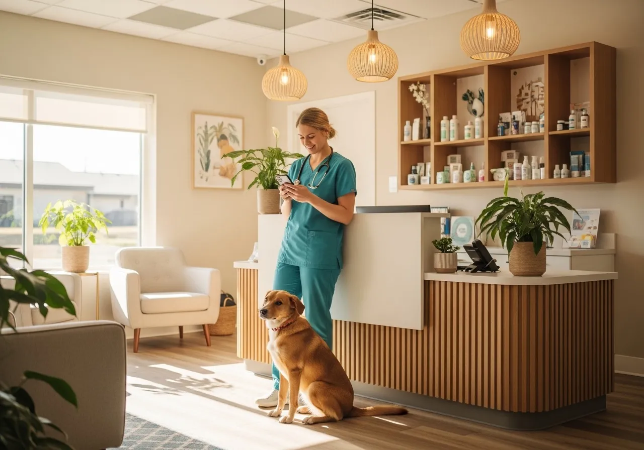 Veterinaria mirando su teléfono en la recepción, con un perro sentado cerca