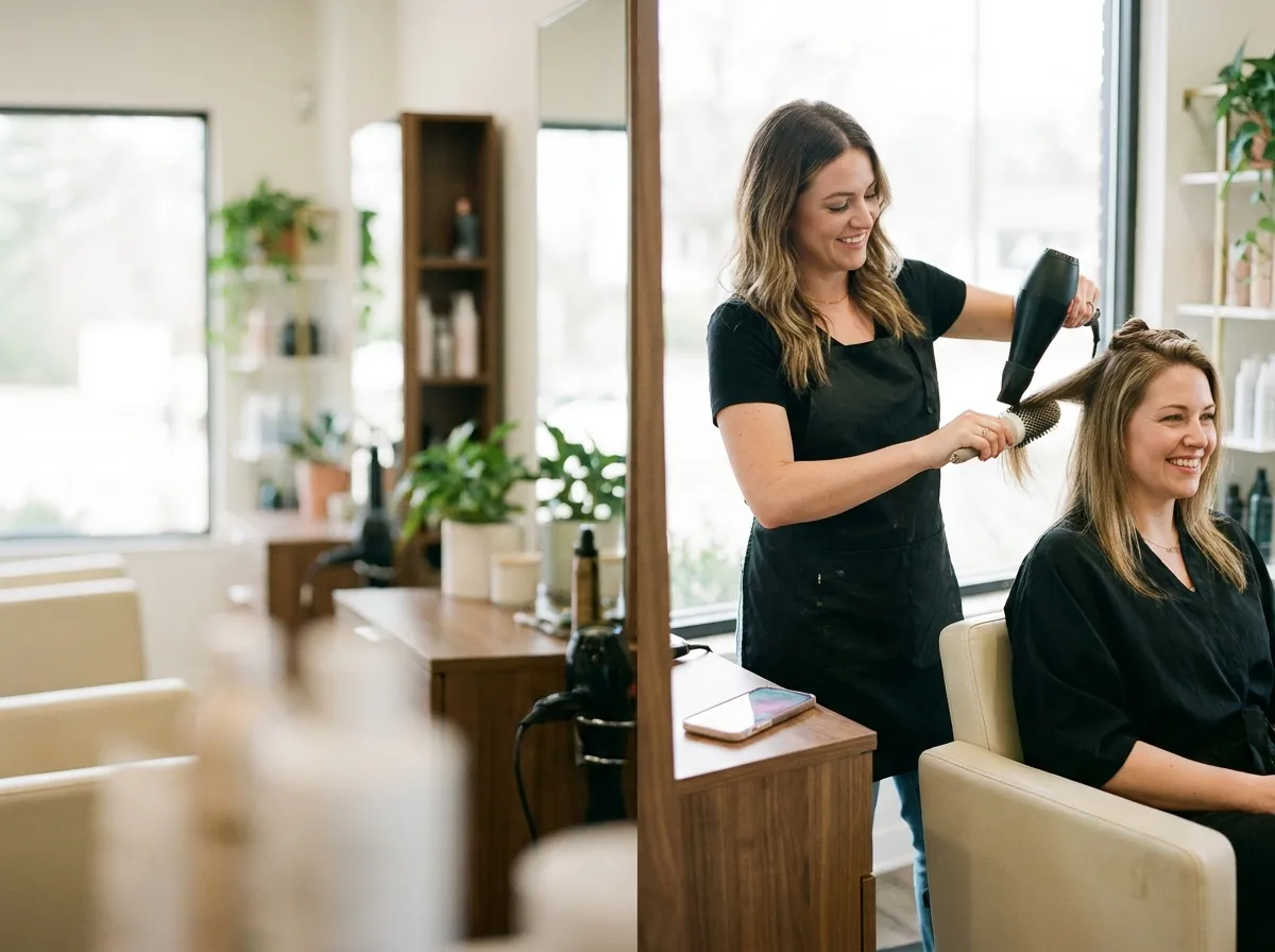 Estilista secando el pelo a una clienta sonriente en el salón de peluquería