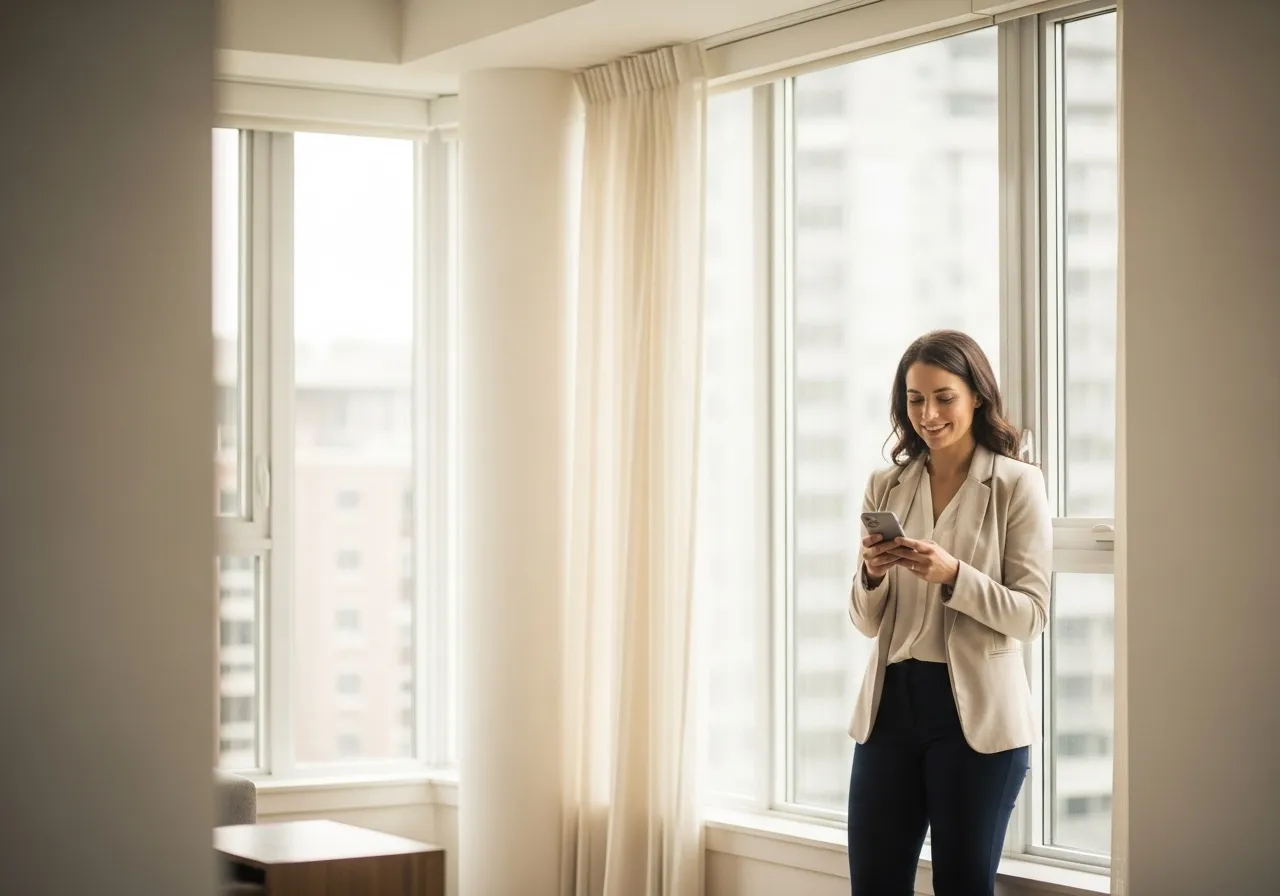 Agente inmobiliaria mirando su teléfono junto a la ventana de un piso luminoso