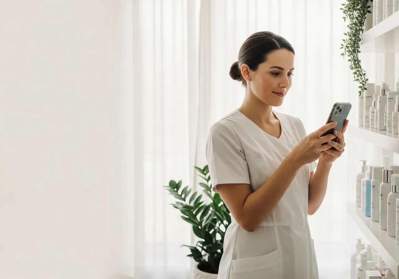 Esteticista mirando su teléfono junto a una estantería de productos en el centro de estética