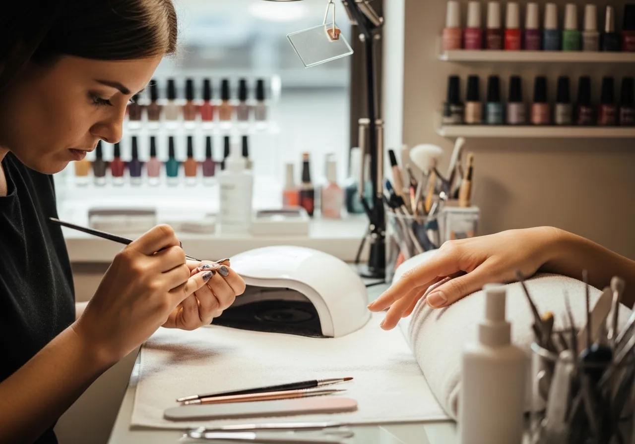 Manicurista pintando un diseño detallado en las uñas de una clienta