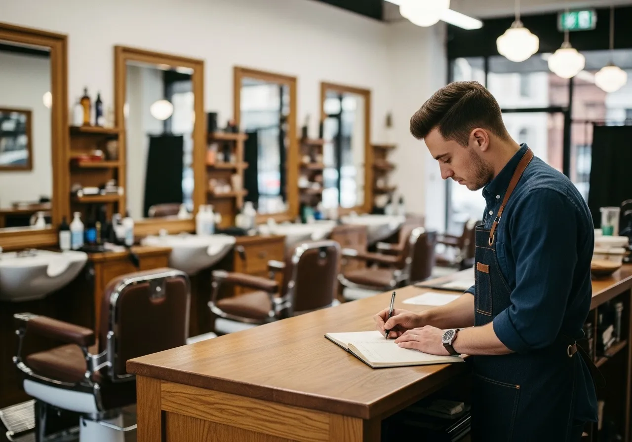 Barbero anotando en una agenda de papel en el mostrador de la barbería