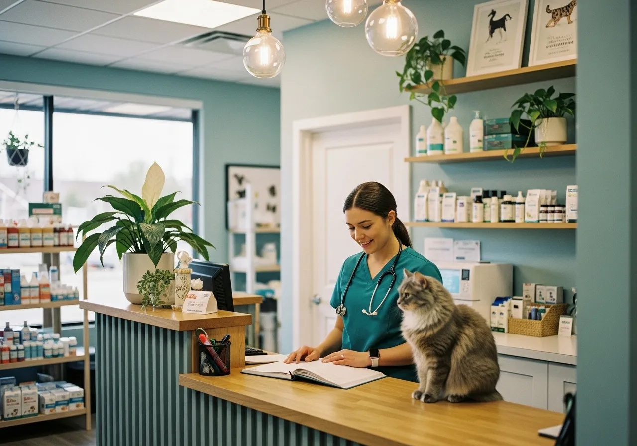 Veterinaria revisando la agenda en el mostrador, con un gato sentado en el escritorio