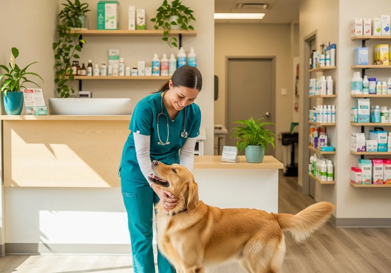 Veterinaria acariciando a un golden retriever sano en la clínica