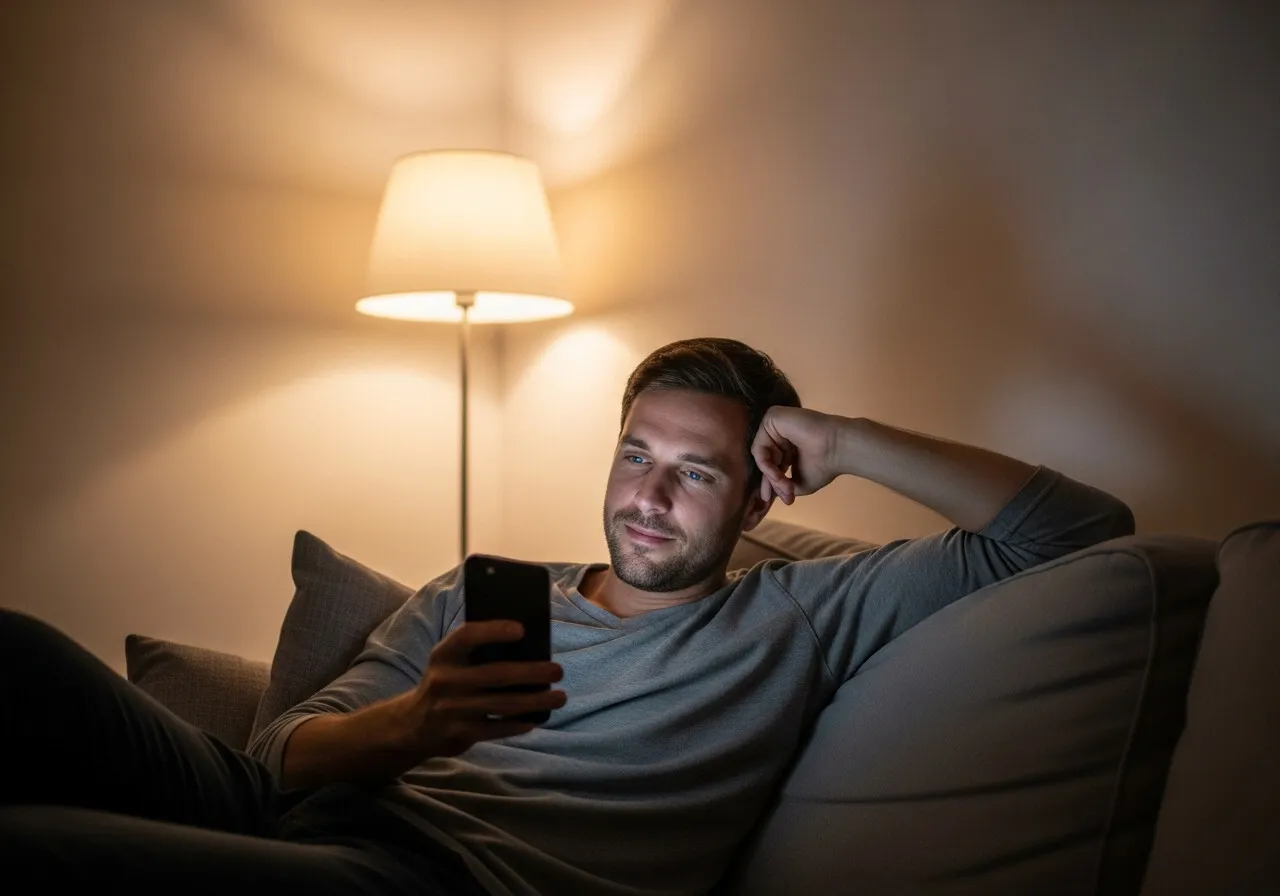 Hombre recostado en el sofá de noche revisa su teléfono junto a una lámpara encendida