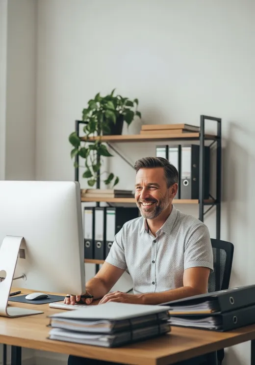 Profesional sonriendo en el escritorio de una oficina de gestoría con carpetas de documentos