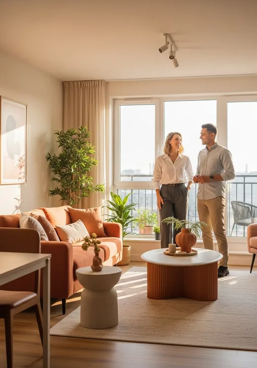 Agente inmobiliaria le muestra un departamento luminoso a un cliente sonriente
