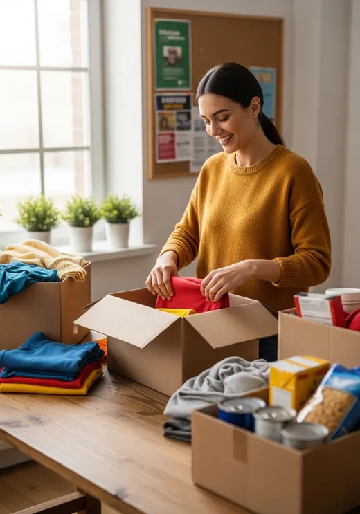Voluntaria ordenando donaciones de ropa y alimentos en cajas en un centro comunitario