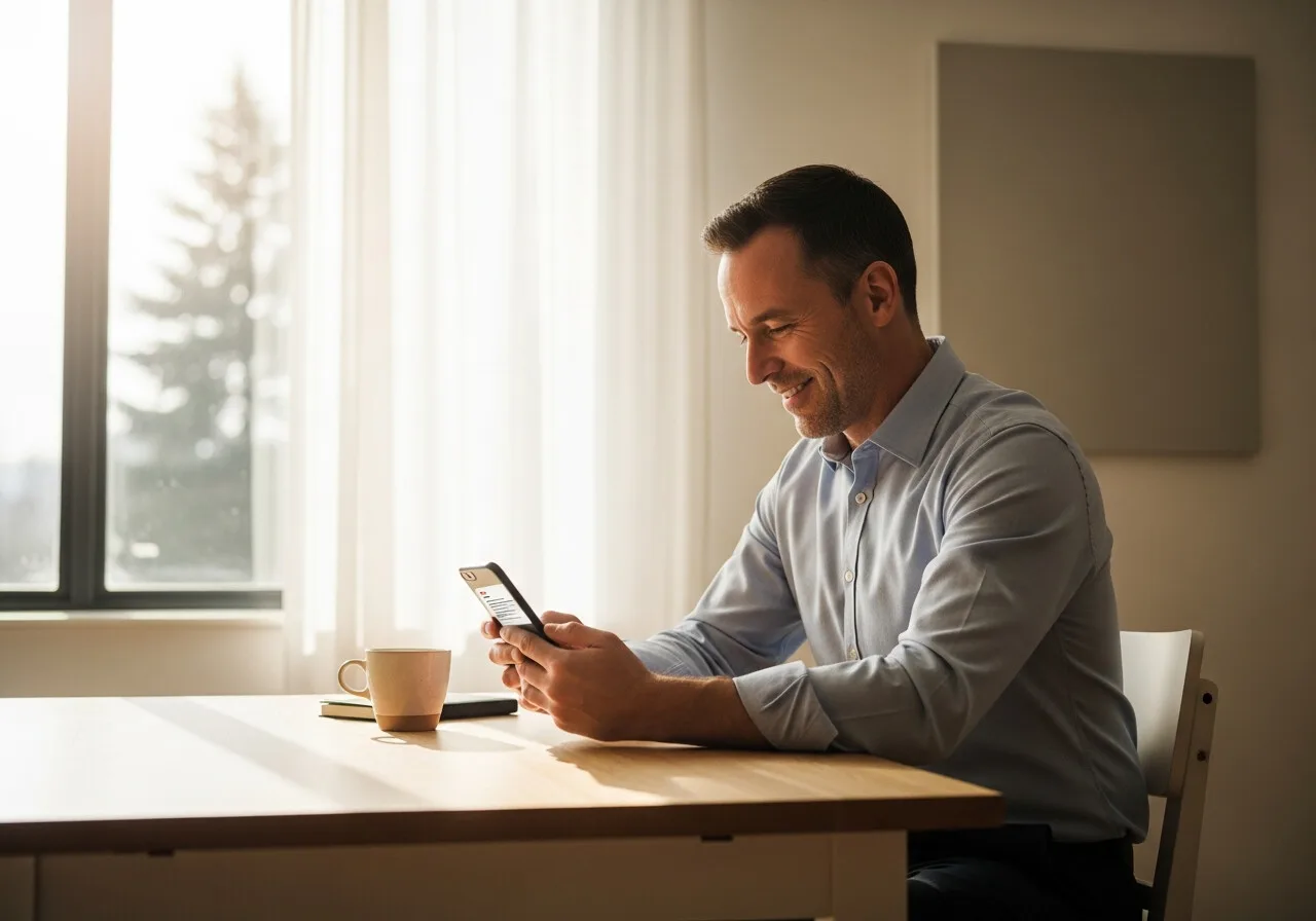 Hombre sentado a la mesa revisa un mensaje en su teléfono junto a un café, con luz suave de ventana