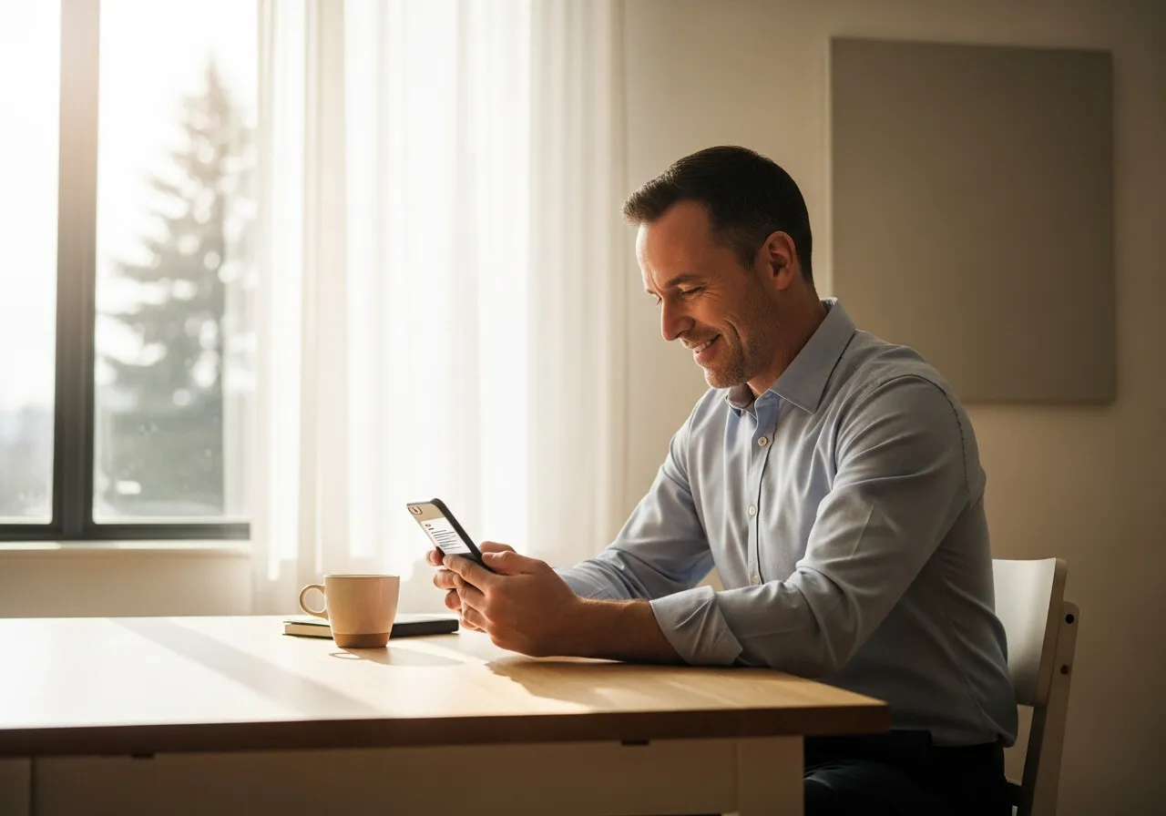 Hombre sentado a la mesa revisa un mensaje en su teléfono junto a un café, con luz suave de ventana