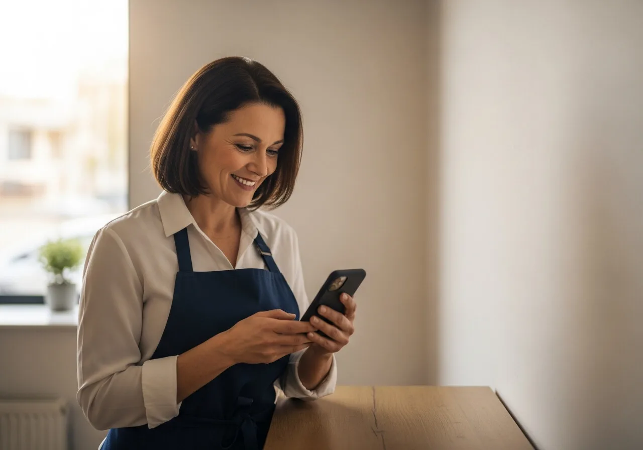 Mujer con delantal sonríe mientras responde una consulta desde su teléfono