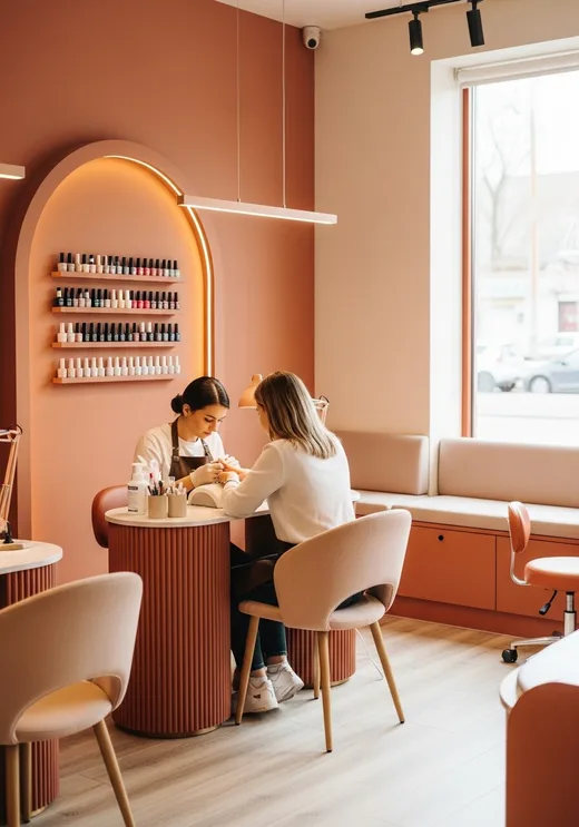Manicurista le hace las uñas a una clienta sentada en un salón de uñas cálido y luminoso