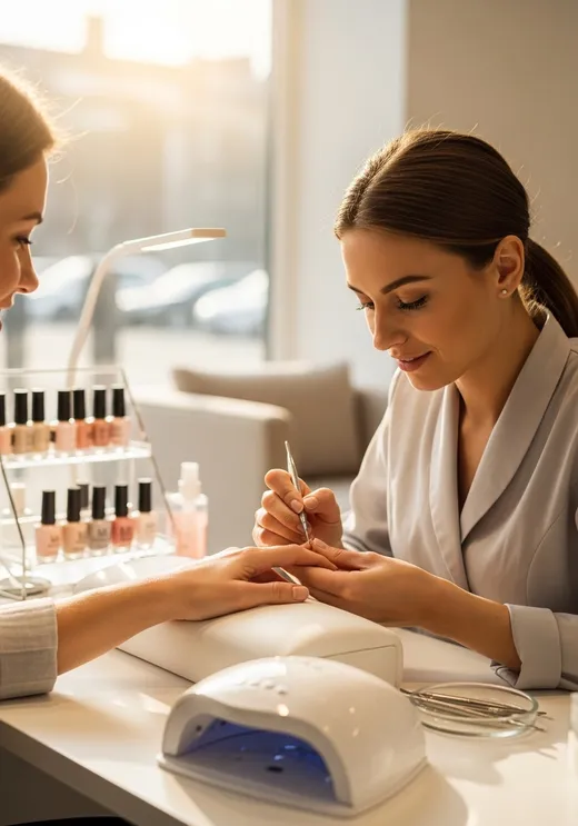 Manicurista le hace las uñas a una clienta sentada en un salón de uñas cálido y luminoso