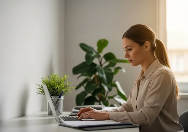 Mujer trabaja concentrada en su portátil junto a una planta, en una oficina luminosa