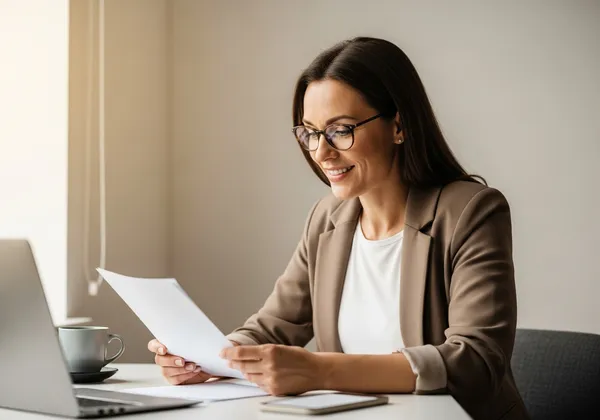 Mujer con anteojos revisa unos documentos en papel junto a su laptop y una taza de café