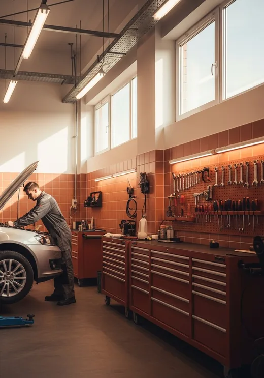 Mecánico revisa el motor de un auto en un taller mecánico moderno y ordenado