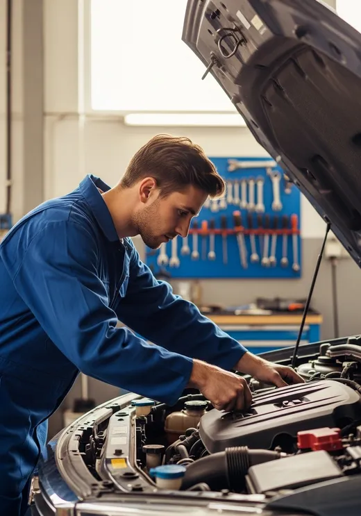 Mecánico revisando el motor de un coche en un taller mecánico moderno y ordenado