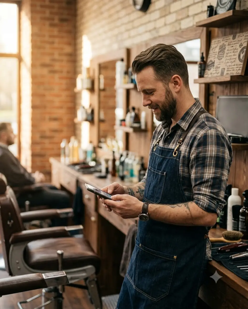 Dueño de una barbería atendiendo a un cliente por WhatsApp desde el móvil